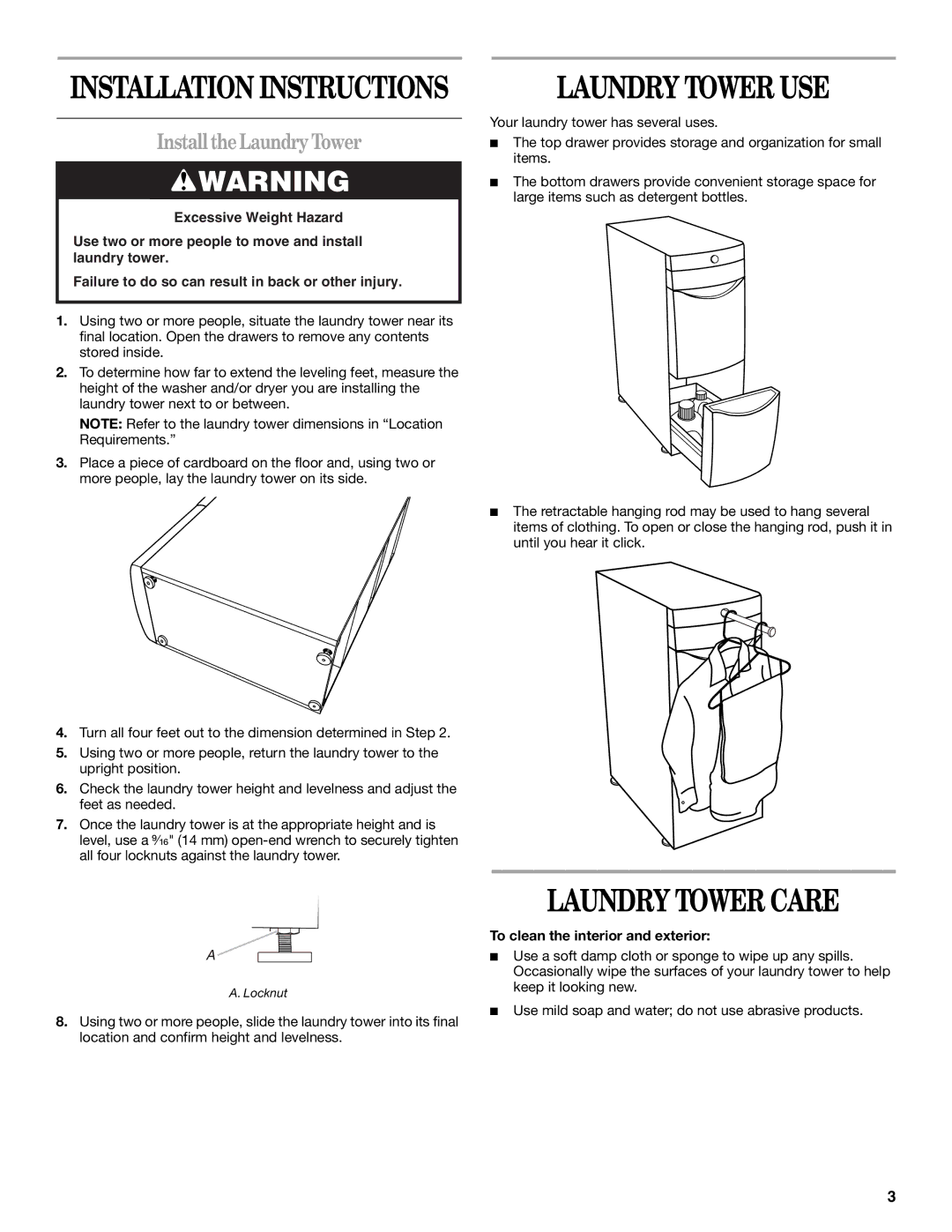 Maytag W10101295A Laundry Tower USE, Laundry Tower Care, InstalltheLaundryTower, To clean the interior and exterior 