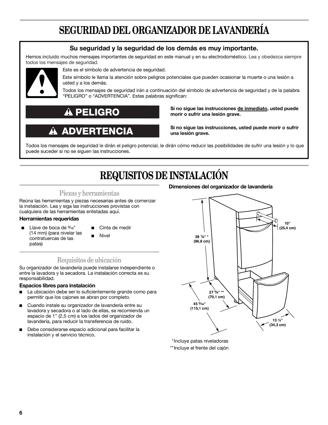 Maytag W10101295A Requisitos DE Instalación, Piezas yherramientas, Requisitos deubicación, Herramientas requeridas 