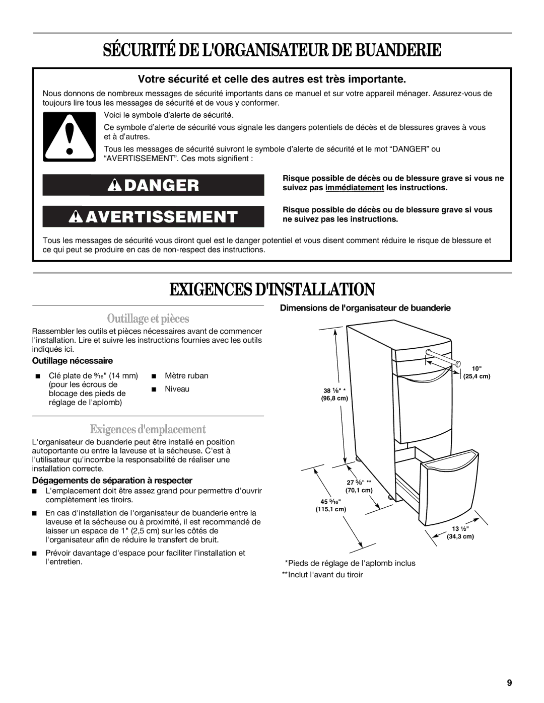 Maytag W10101295A Sécurité DE Lorganisateur DE Buanderie, Exigences Dinstallation, Outillageetpièces 