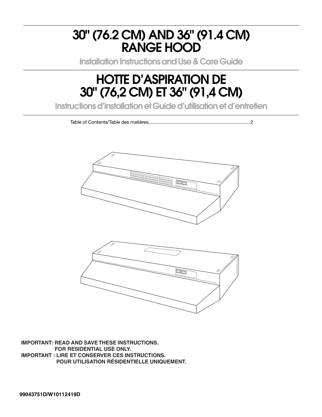 Maytag 99043751D, W10112419D installation instructions Range Hood 