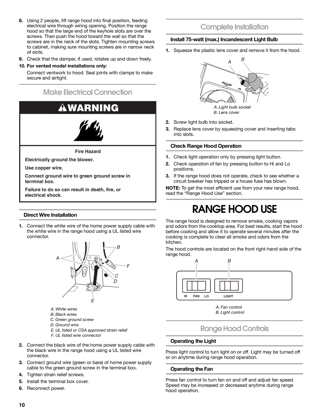 Maytag W10112419D, 99043751D Range Hood USE, Make Electrical Connection, Complete Installation, Range Hood Controls 