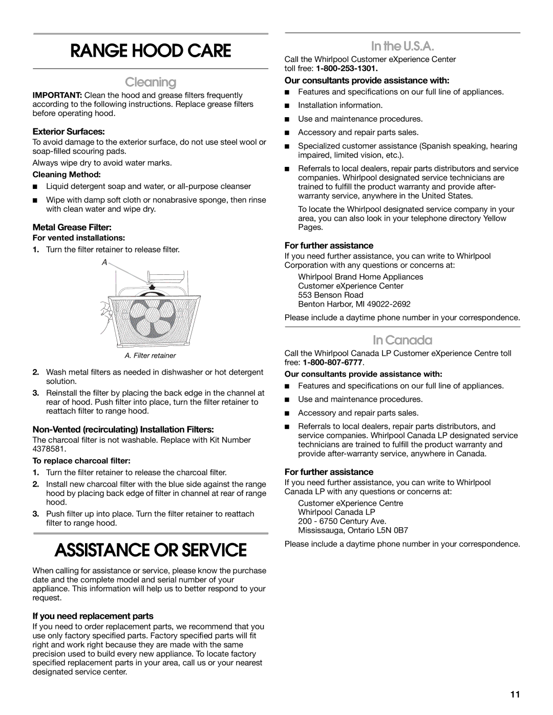 Maytag 99043751D, W10112419D installation instructions Range Hood Care, Cleaning, U.S.A, Canada 