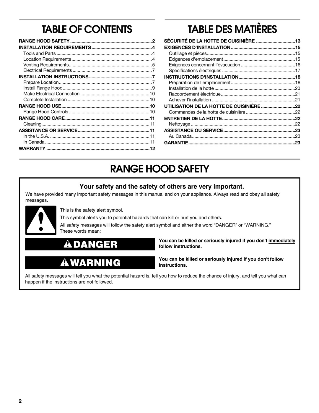 Maytag W10112419D, 99043751D installation instructions Range Hood Safety, Table of Contents 