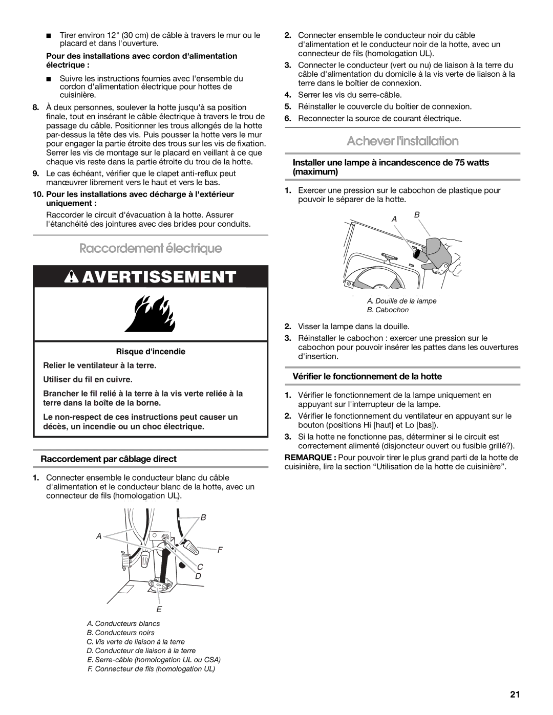 Maytag 99043751D, W10112419D Raccordement électrique, Achever linstallation, Raccordement par câblage direct 