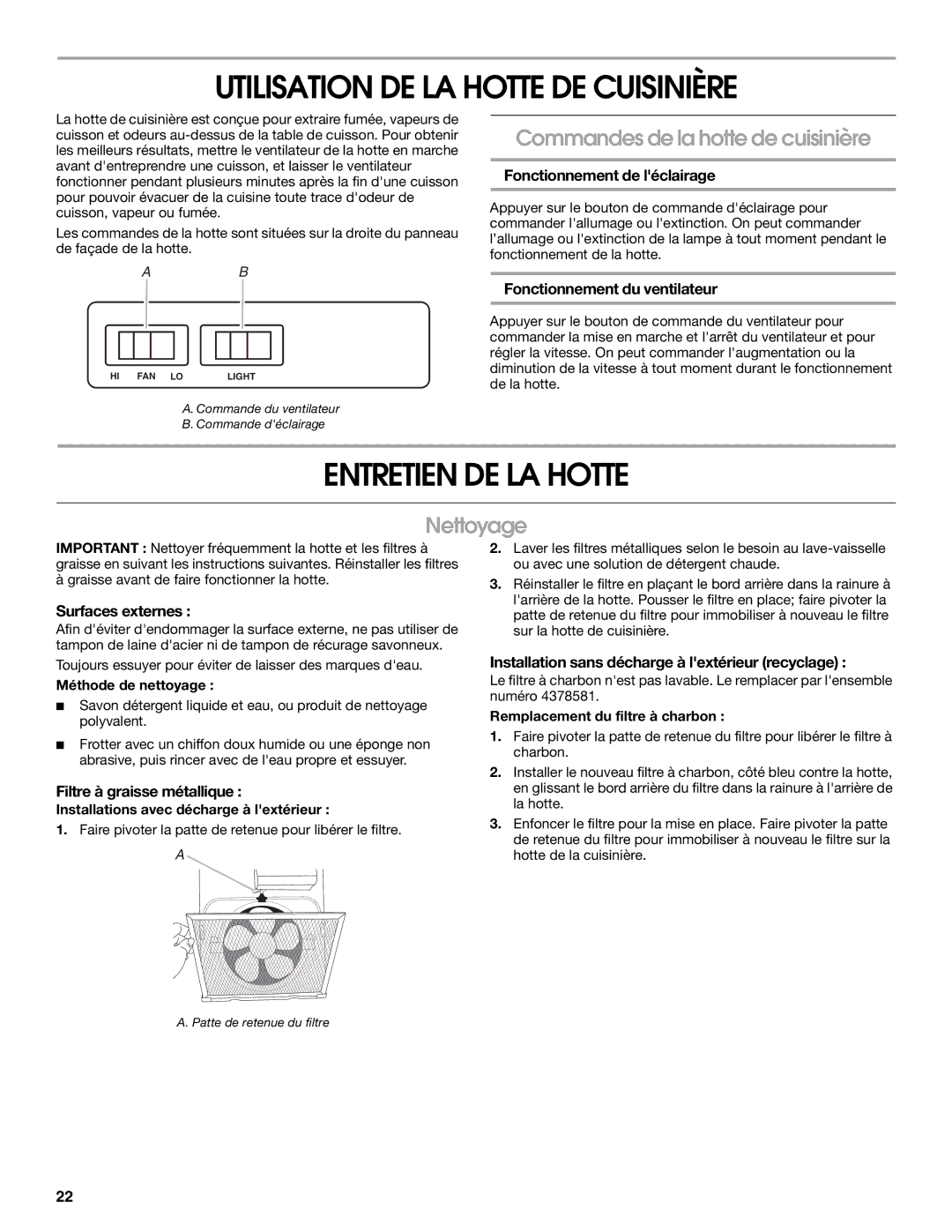 Maytag W10112419D Utilisation DE LA Hotte DE Cuisinière, Entretien DE LA Hotte, Commandes de la hotte de cuisinière 