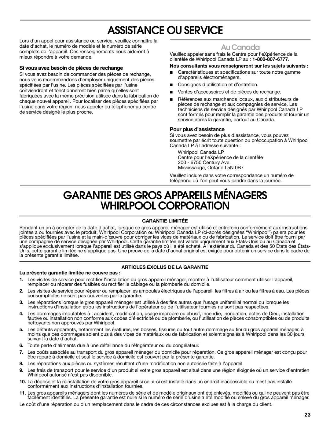 Maytag 99043751D, W10112419D Assistance OU Service, Garantie DES Gros Appareils Ménagers Whirlpool Corporation, Au Canada 