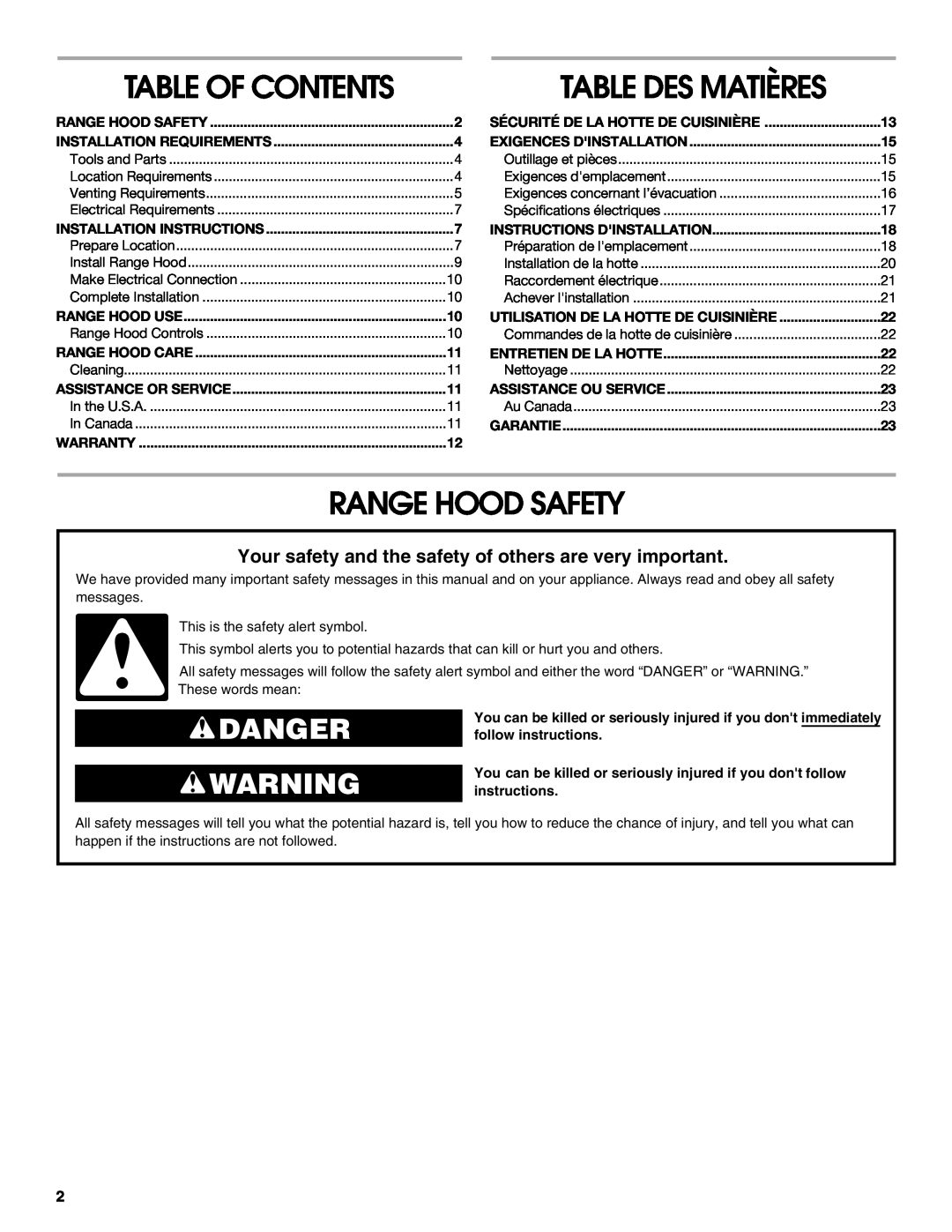 Maytag W10112419D, 99043751D installation instructions Range Hood Safety, Table Des Matières, Danger, Table Of Contents 