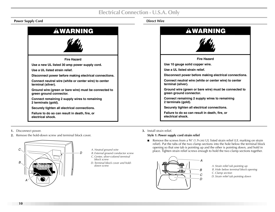 Maytag W10112937A manual Electrical Connection U.S.A. Only, Power Supply Cord Direct Wire 