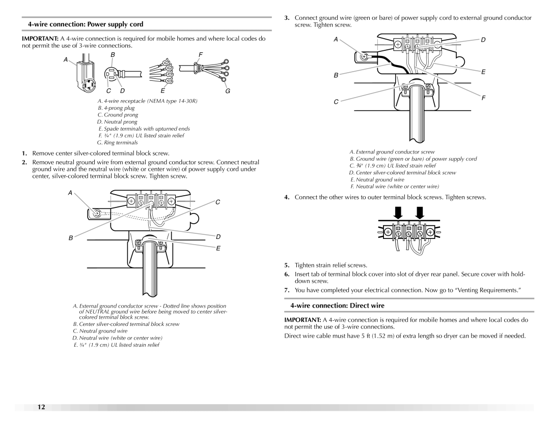 Maytag W10112937A manual Wire connection Power supply cord, Wire connection Direct wire 
