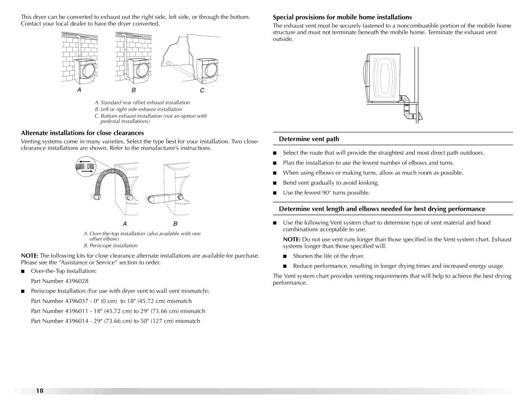 Maytag W10112937A manual Special provisions for mobile home installations, Alternate installations for close clearances 