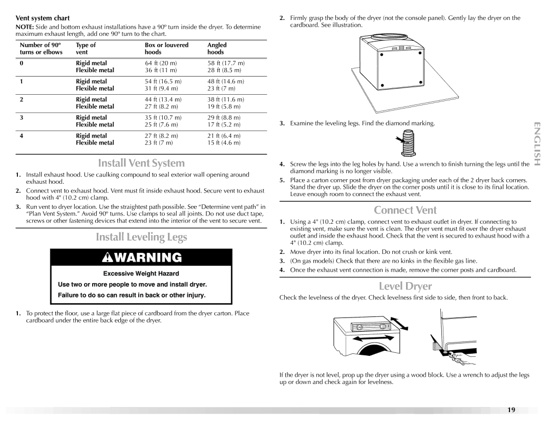 Maytag W10112937A manual Install Vent System, Install Leveling Legs, Connect Vent, Level Dryer, Vent system chart 