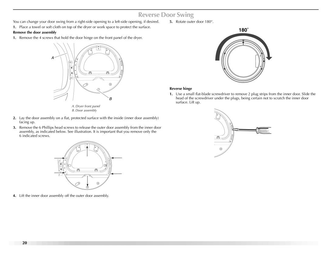Maytag W10112937A manual Reverse Door Swing, Remove the door assembly, Reverse hinge 