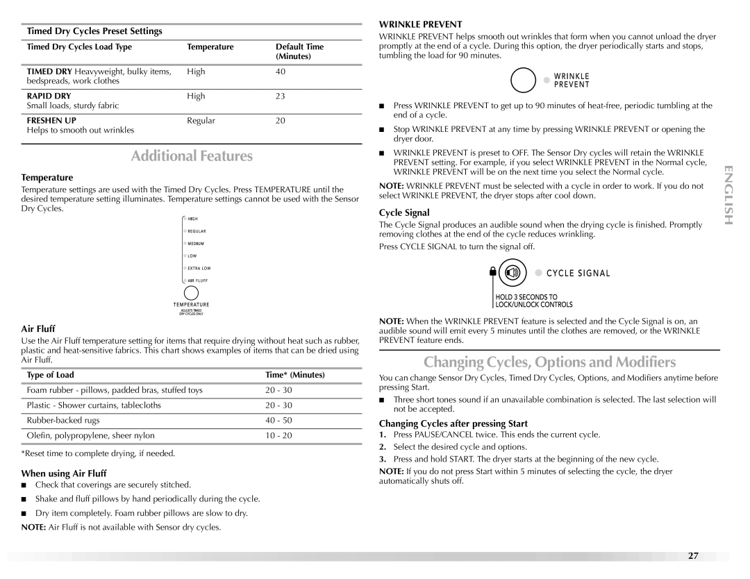 Maytag W10112937A manual Additional Features, Changing Cycles, Options and Modifiers 