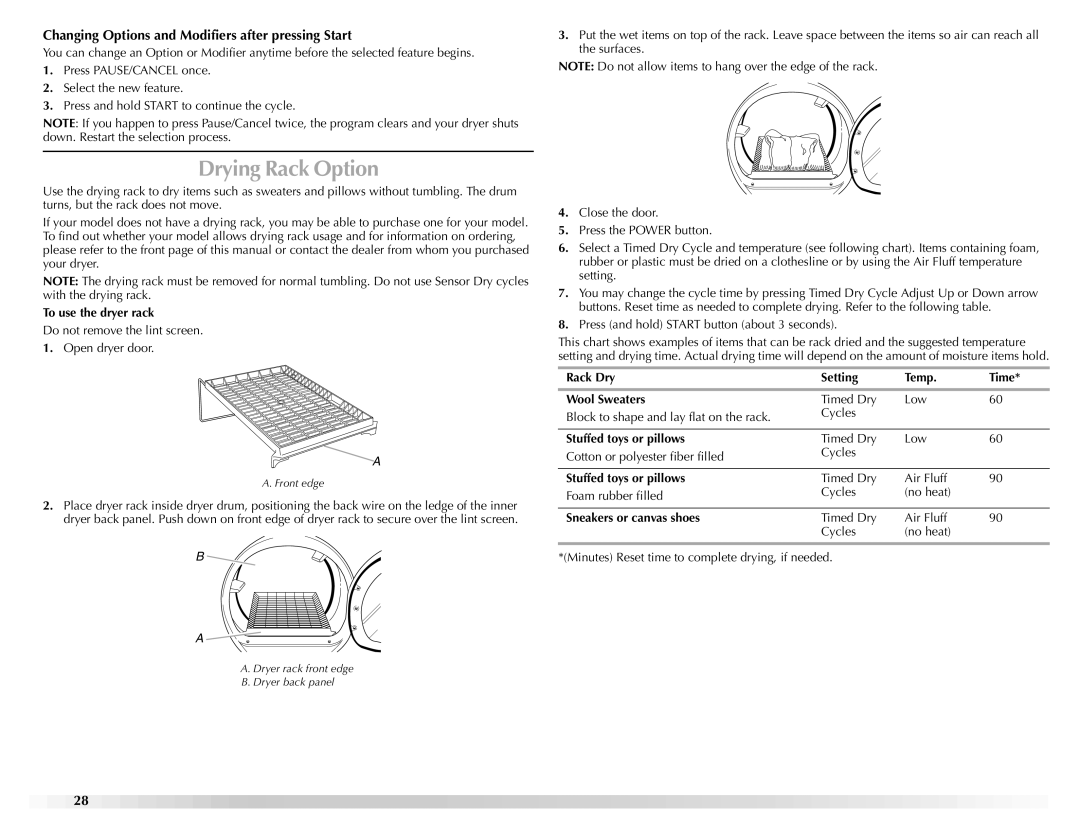 Maytag W10112937A manual Drying Rack Option, Changing Options and Modifiers after pressing Start 