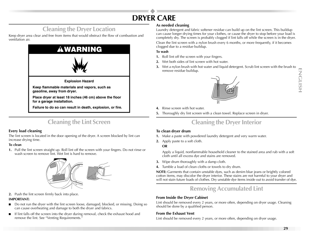 Maytag W10112937A manual Dryer Care, Cleaning the Dryer Location, Cleaning the Lint Screen, Cleaning the Dryer Interior 