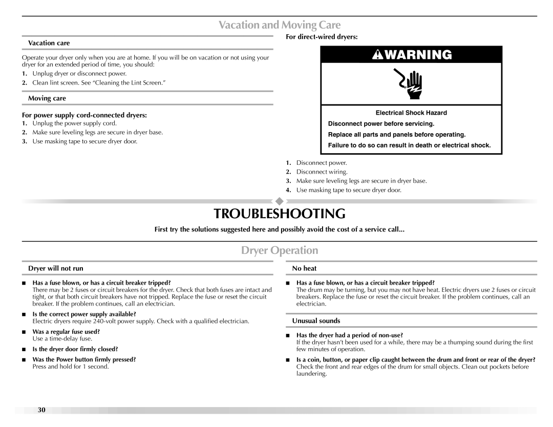 Maytag W10112937A manual Troubleshooting, Vacation and Moving Care, Dryer Operation 