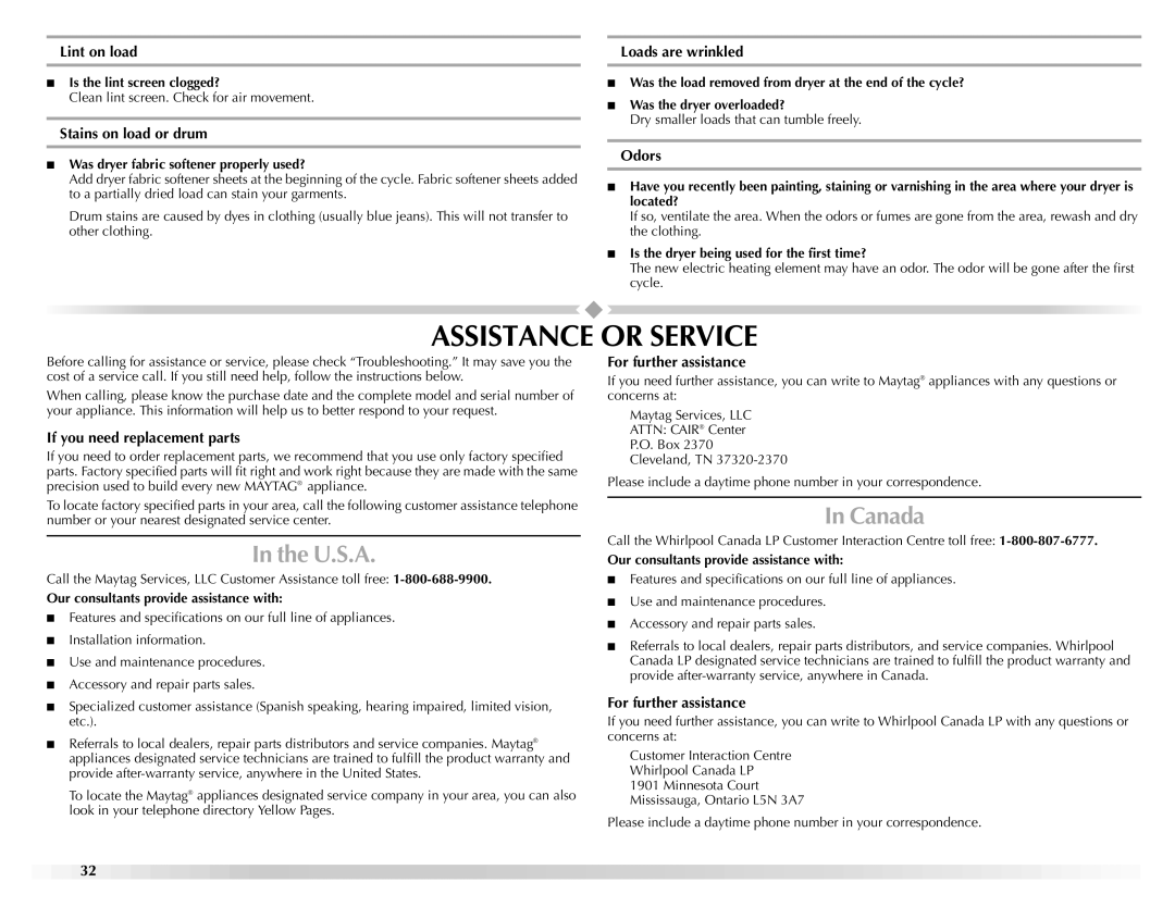 Maytag W10112937A manual Assistance or Service, U.S.A, Canada 