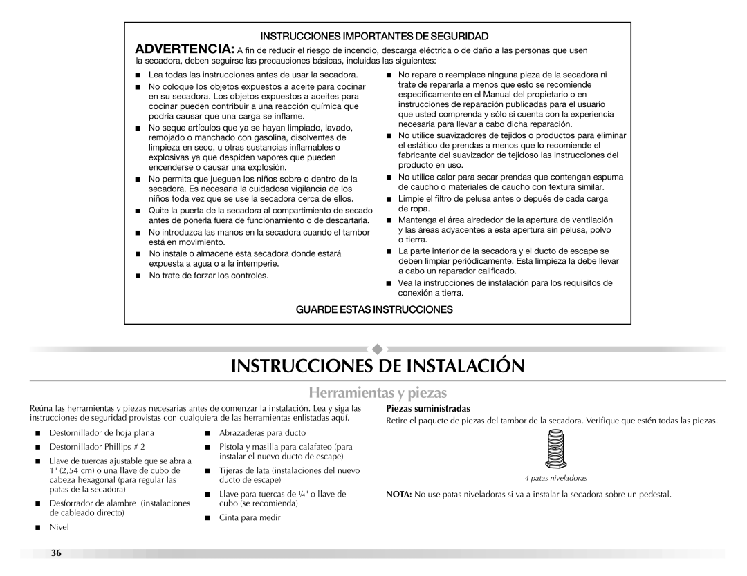 Maytag W10112937A manual Instrucciones DE Instalación, Herramientas y piezas, Piezas suministradas 