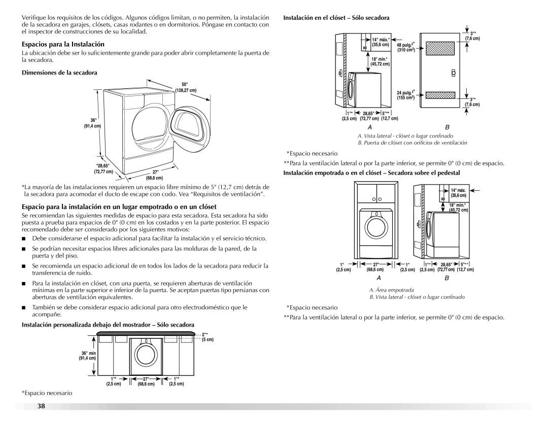 Maytag W10112937A manual Espacios para la Instalación, Instalación en el clóset Sólo secadora, Dimensiones de la secadora 