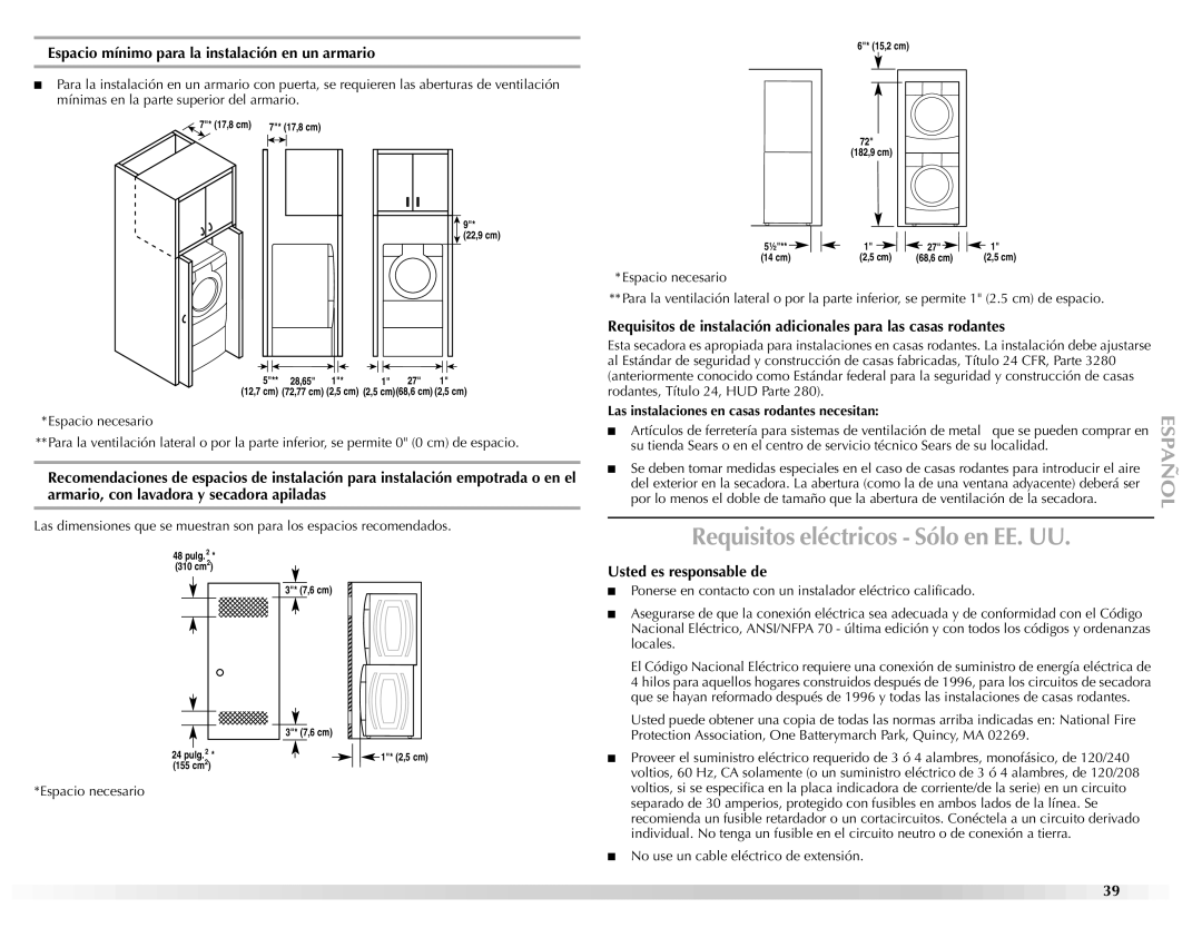 Maytag W10112937A manual Requisitos eléctricos Sólo en EE. UU, Espacio mínimo para la instalación en un armario 