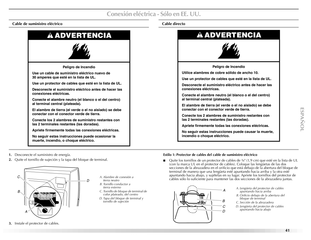 Maytag W10112937A manual Conexión eléctrica Sólo en EE. UU, Cable de suministro eléctrico Cable directo 