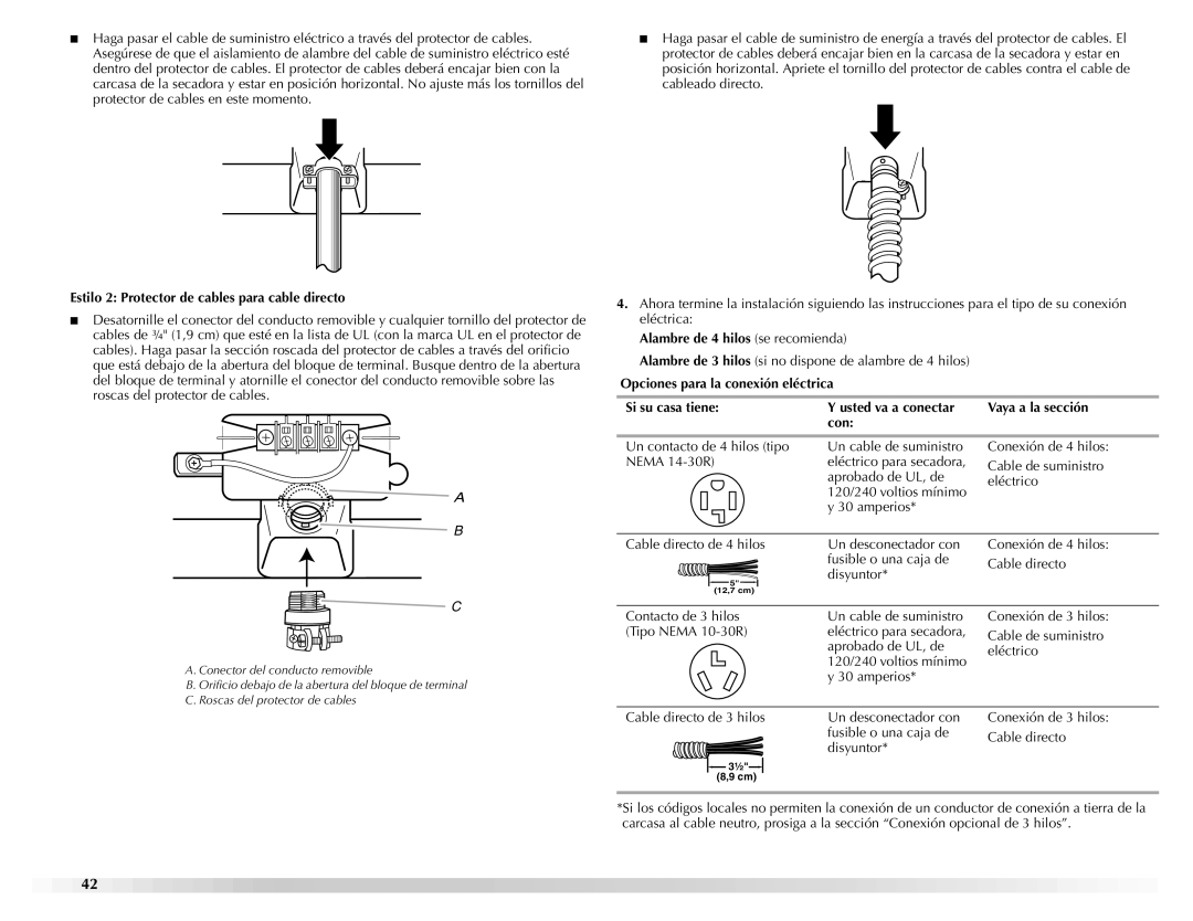 Maytag W10112937A manual Estilo 2 Protector de cables para cable directo, Alambre de 4 hilos se recomienda 