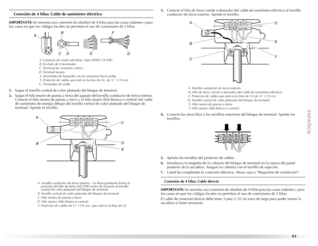 Maytag W10112937A manual Conexión de 4 hilos Cable de suministro eléctrico, Conexión de 4 hilos Cable directo 