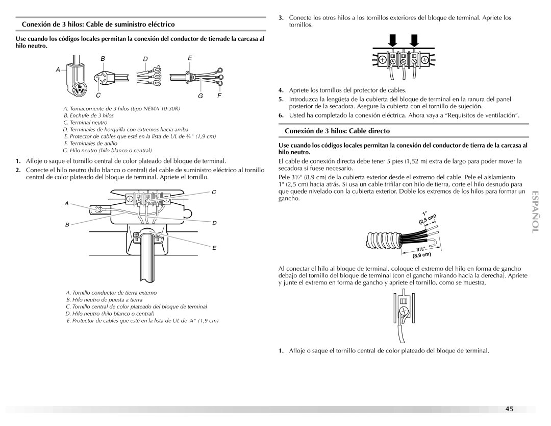 Maytag W10112937A manual Conexión de 3 hilos Cable de suministro eléctrico, Conexión de 3 hilos Cable directo 