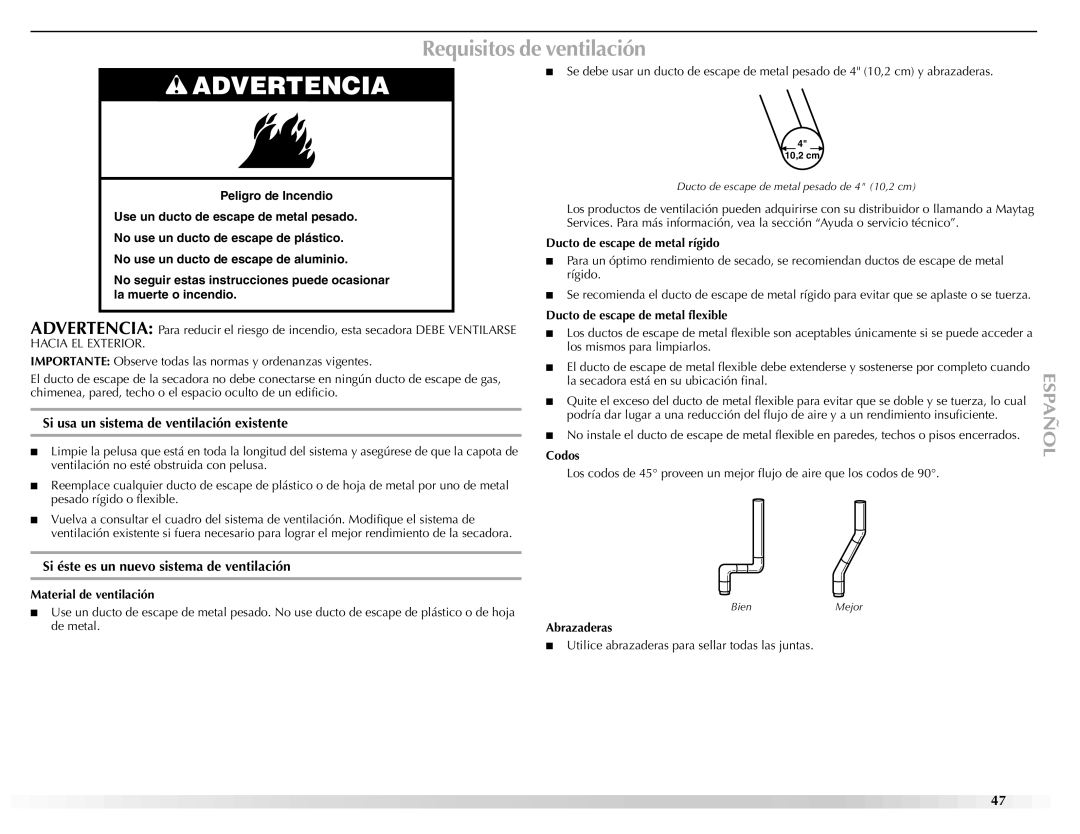 Maytag W10112937A manual Requisitos de ventilación, Si usa un sistema de ventilación existente 