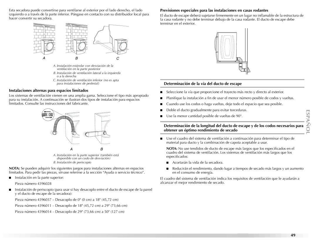 Maytag W10112937A manual Instalaciones alternas para espacios limitados, Determinación de la vía del ducto de escape 