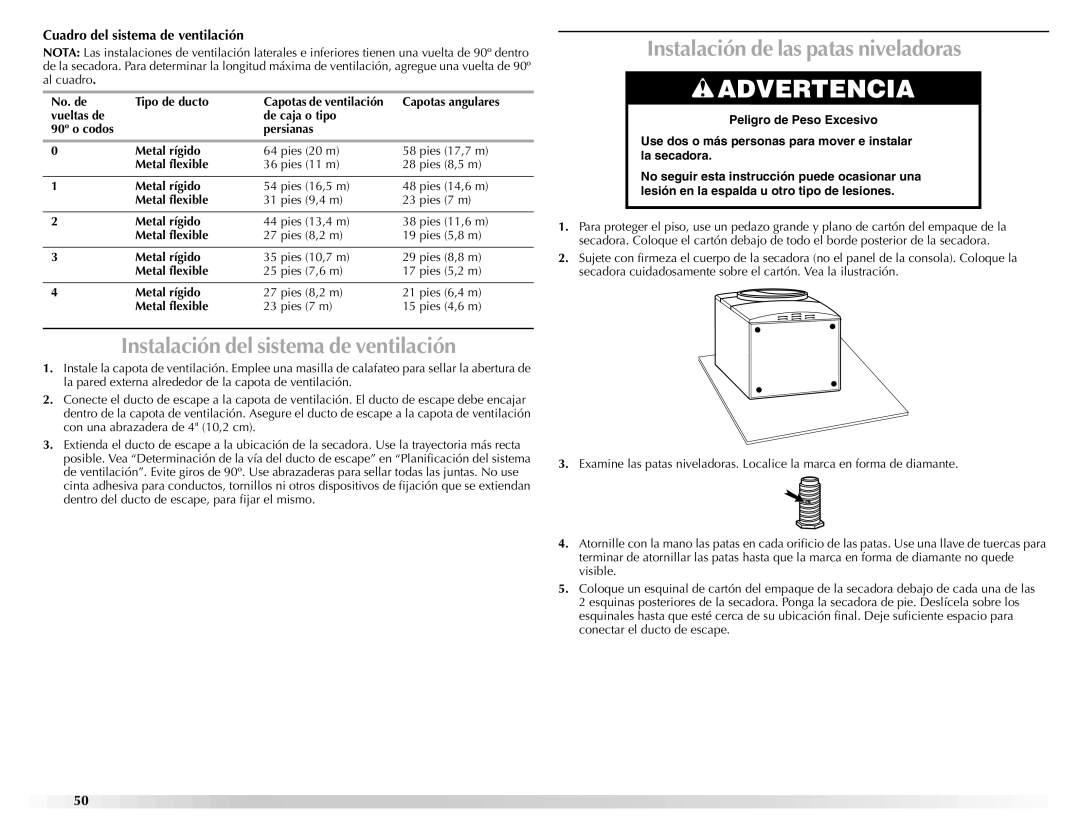 Maytag W10112937A manual Instalación del sistema de ventilación, Instalación de las patas niveladoras 