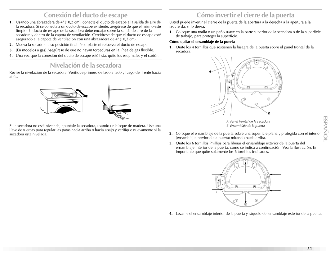 Maytag W10112937A manual Conexión del ducto de escape, Nivelación de la secadora, Cómo invertir el cierre de la puerta 