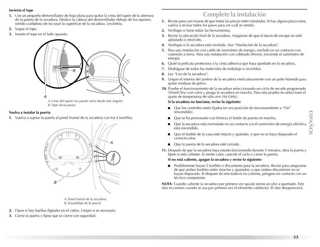 Maytag W10112937A manual Complete la instalación, Invierta el tope, Vuelva a instalar la puerta 