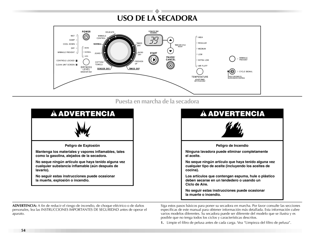 Maytag W10112937A manual USO DE LA Secadora, Puesta en marcha de la secadora 