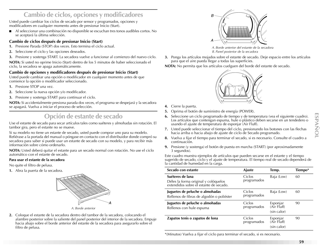 Maytag W10112937A manual Cambio de ciclos, opciones y modificadores, Opción de estante de secado 