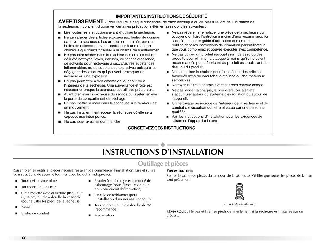 Maytag W10112937A manual Instructions D’INSTALLATION, Outillage et pièces, Pièces fournies 