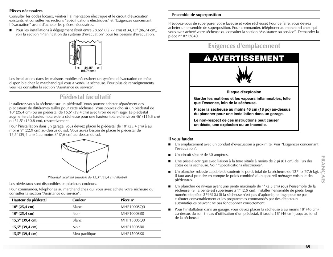 Maytag W10112937A manual Piédestal facultatif, Exigences demplacement, Pièces nécessaires, Ensemble de superposition 