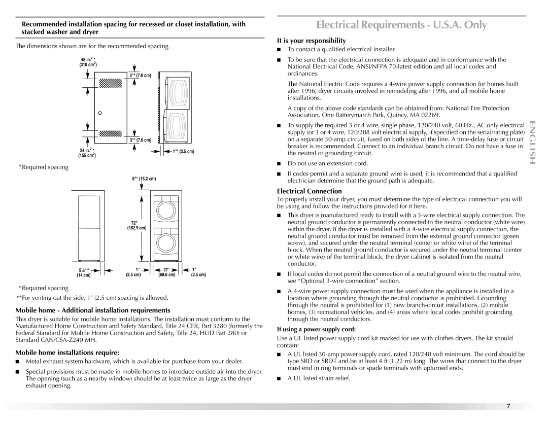 Maytag W10112937A manual Electrical Requirements U.S.A. Only, Mobile home Additional installation requirements 