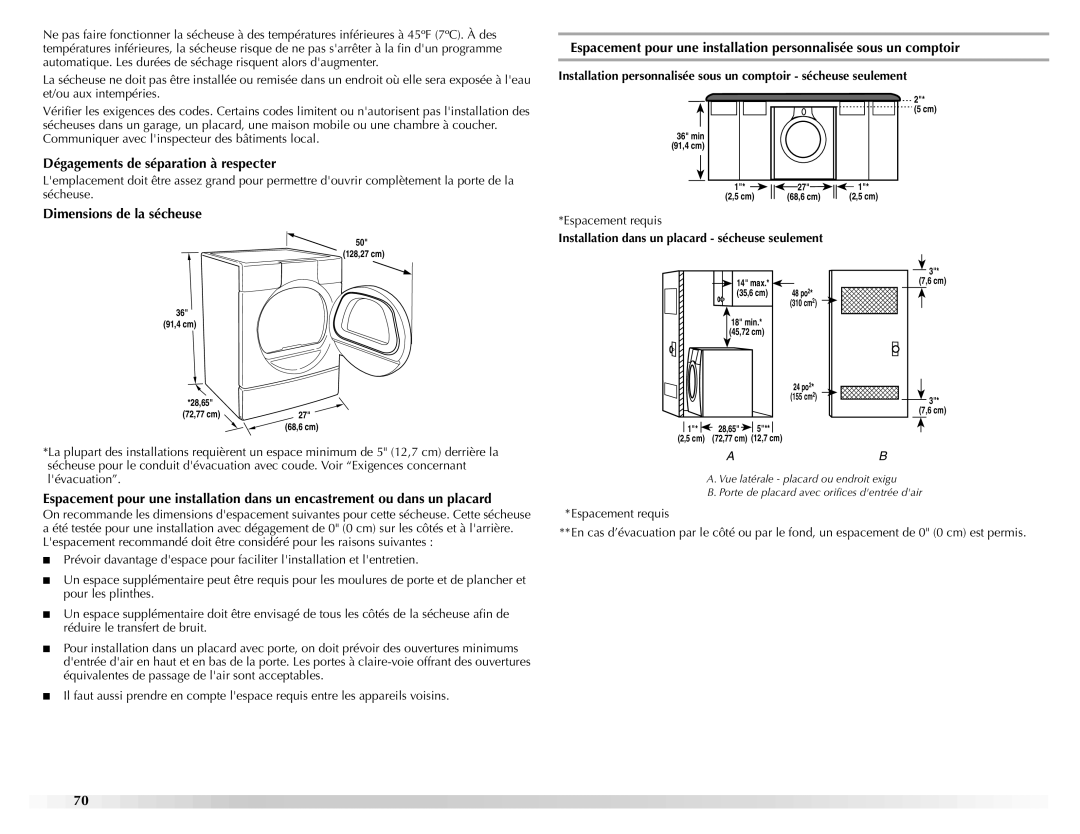 Maytag W10112937A manual Dégagements de séparation à respecter, Dimensions de la sécheuse 