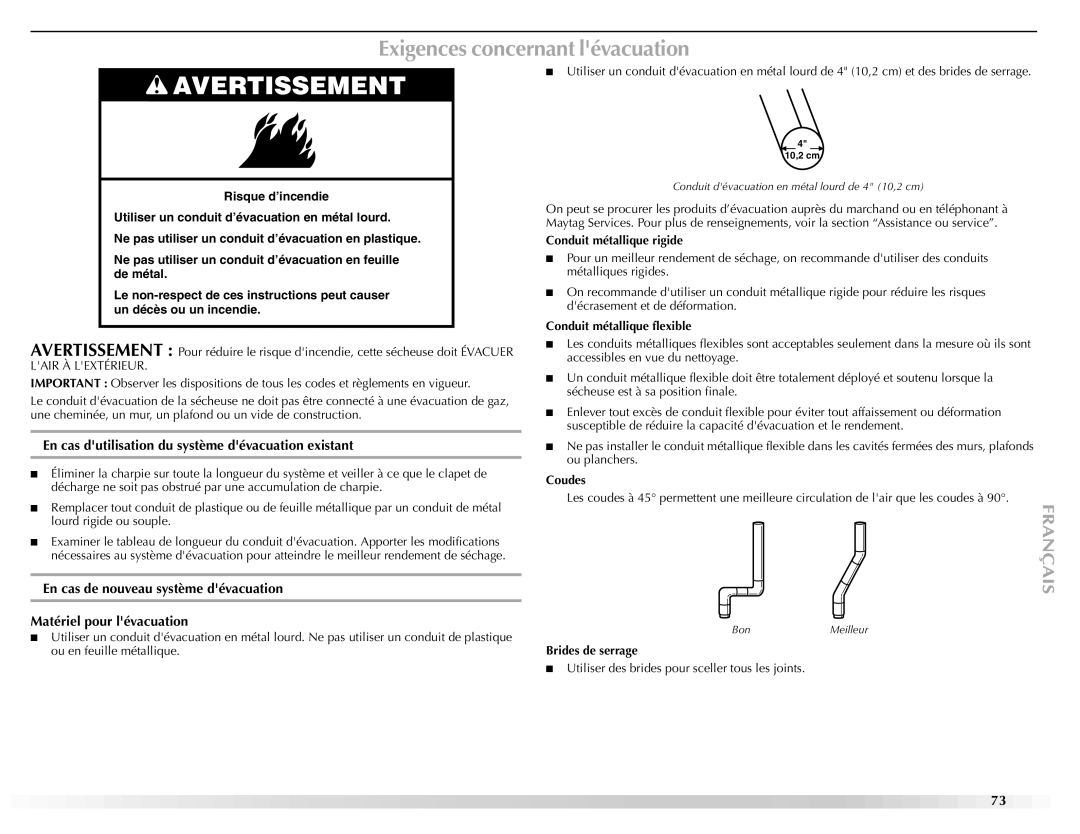 Maytag W10112937A manual Exigences concernant lévacuation, En cas dutilisation du système dévacuation existant 