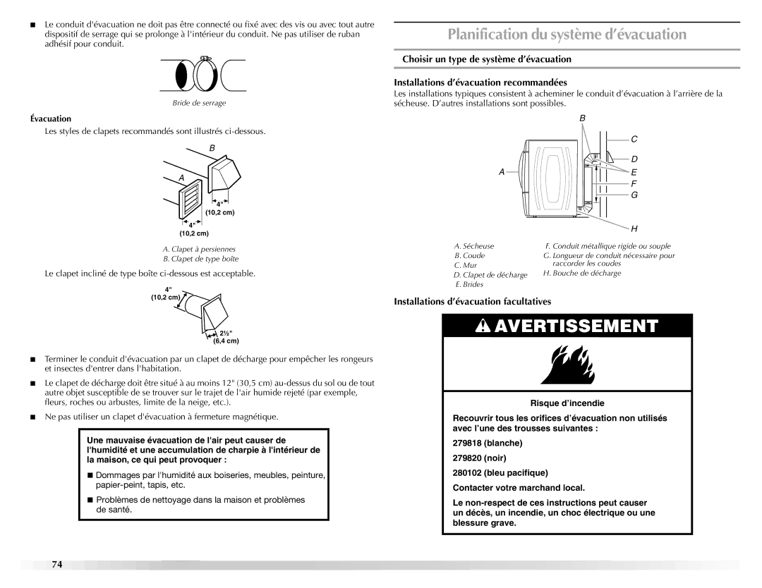 Maytag W10112937A manual Planification du système d’évacuation, Installations d’évacuation facultatives, Évacuation 