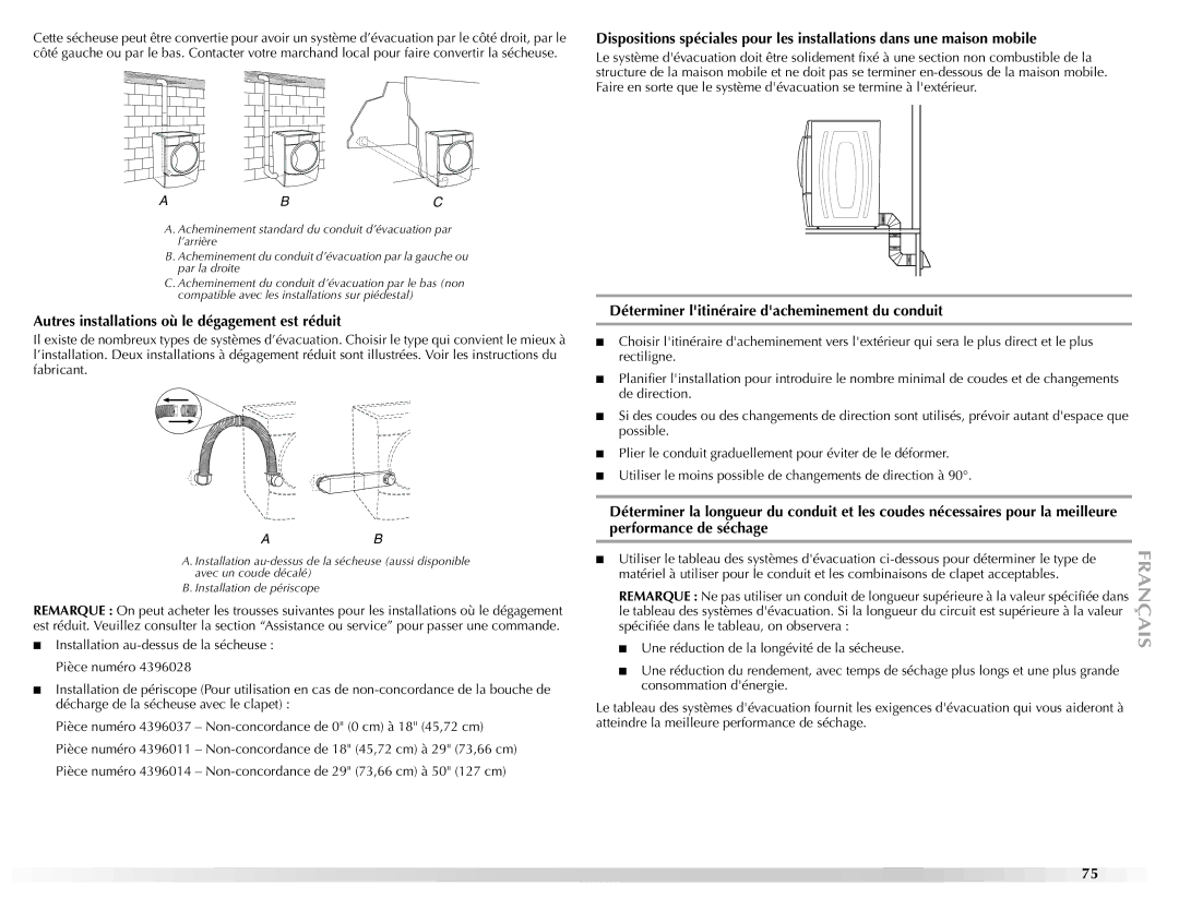 Maytag W10112937A manual Autres installations où le dégagement est réduit, Déterminer litinéraire dacheminement du conduit 