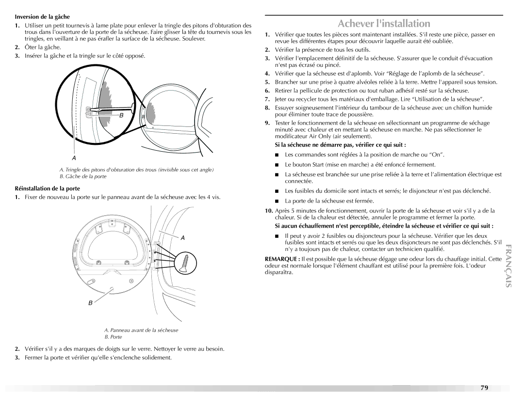 Maytag W10112937A manual Achever linstallation, Inversion de la gâche, Réinstallation de la porte 