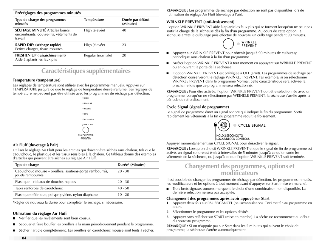 Maytag W10112937A manual Caractéristiques supplémentaires, Changement des programmes, options et Modificateurs 