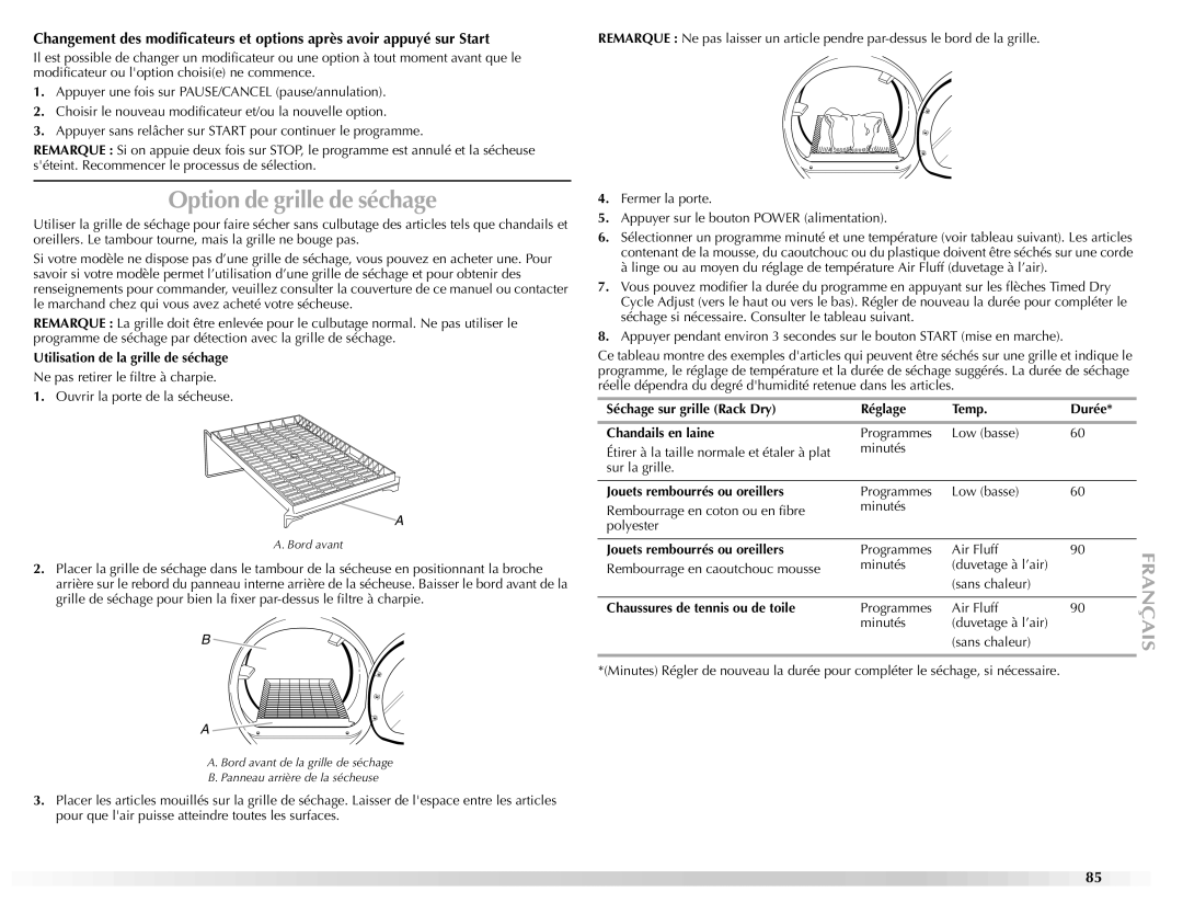 Maytag W10112937A manual Option de grille de séchage, Utilisation de la grille de séchage, Jouets rembourrés ou oreillers 