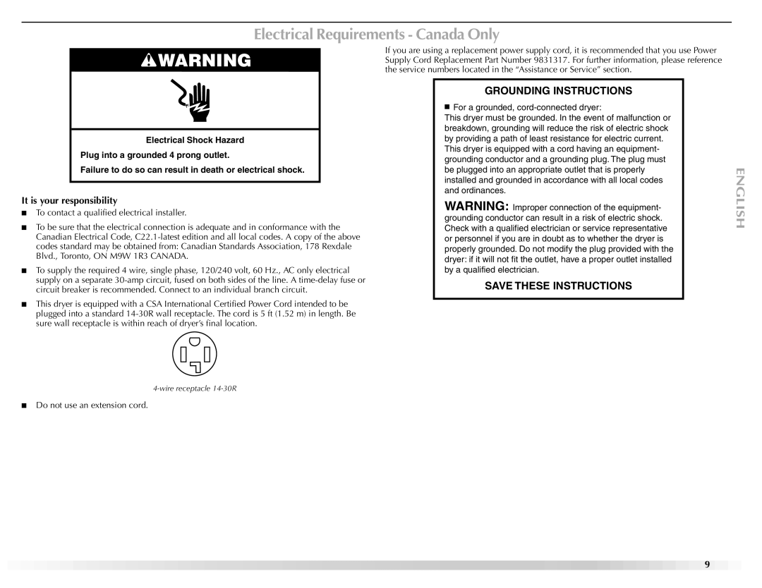 Maytag W10112937A manual Electrical Requirements Canada Only 