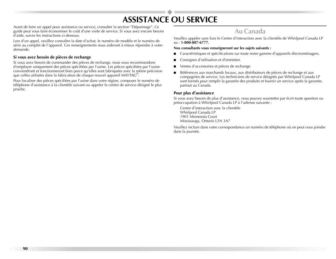 Maytag W10112937A Assistance OU Service, Au Canada, Si vous avez besoin de pièces de rechange, Pour plus d’assistance 