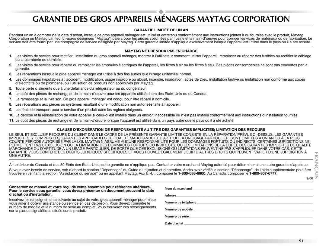 Maytag W10112937A manual Garantie DES Gros Appareils Ménagers Maytag Corporation 