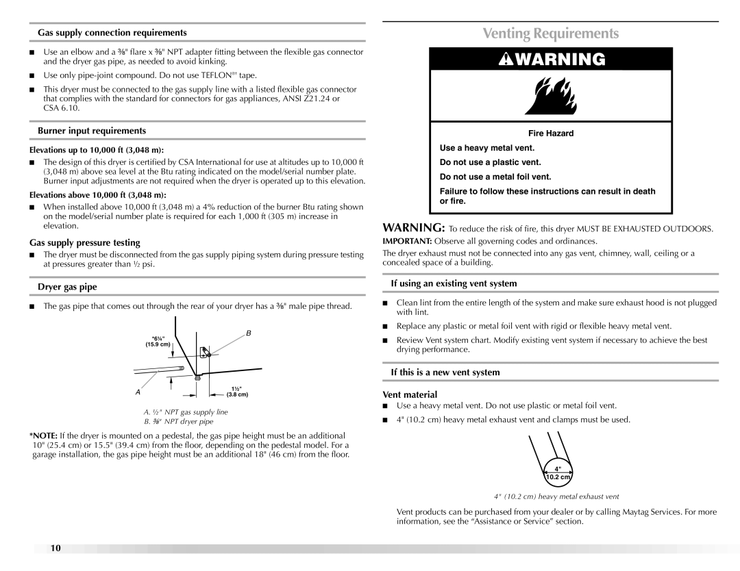 Maytag W10112943A manual Venting Requirements 