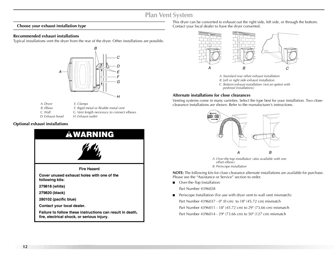 Maytag W10112943A manual Plan Vent System, Optional exhaust installations, Alternate installations for close clearances 